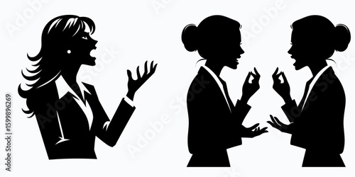 Business woman arguing. Corporate Finance Cartoon Minimal Clipart Line Art Vector Illustration. Female professional having disagreement challenge dispute in workplace.