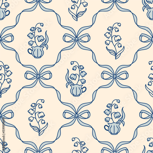 Preppy floral seamless pattern with bows and may-lily in a сup. Spring summer print. Vintage damask design for fabric, wallpaper or wrapping paper. Cottagecore countryside aesthetic