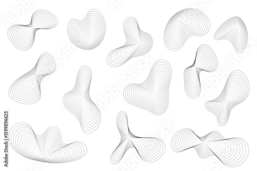 Topographic organic shapes with abstract circular wavy pattern. Vector concentric ripple sound graphic on white background. Contour fluid grid of dynamic pulse. Outline contour illustration