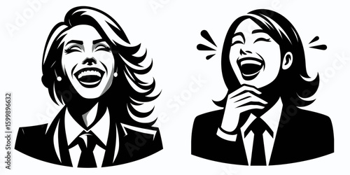 Business woman laughing heartily. Corporate Finance Cartoon Minimal Clipart Line Art Vector Illustration. Female entrepreneur joyful chuckle at workplace expression of success.