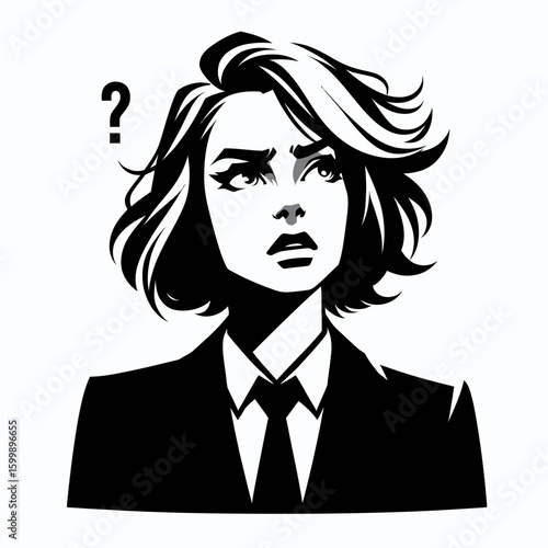 Business woman looking confused. Corporate Finance Cartoon Minimal Clipart Line Art Vector Illustration. Female professional unsure expression worker facing dilemma thoughtful.