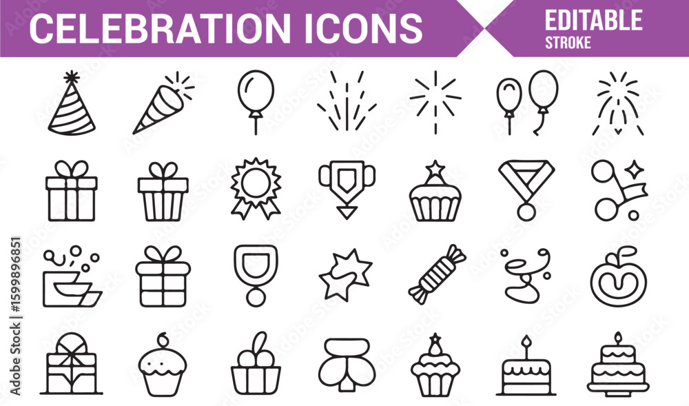 Fototapeta premium Fun and festive icons for birthday, award, and celebration themes