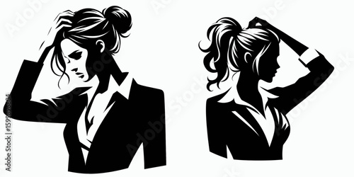 Business woman scratching head. Corporate Finance Cartoon Minimal Clipart Line Art Vector Illustration. Female professional pondering rubbing scalp – work dilemma job problem.