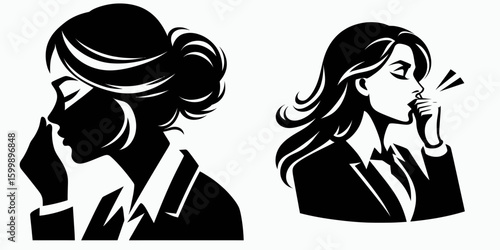 Business woman sighing. Corporate Finance Cartoon Minimal Clipart Line Art Vector Illustration. Female professional exhale feeling worry entrepreneur with concern emotion.