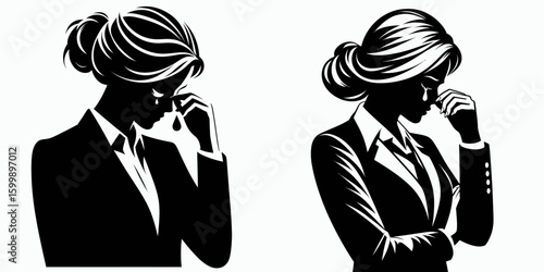 Business woman wiping tears. Corporate Finance Cartoon Minimal Clipart Line Art Vector Illustration. Female professional with sorrow cleaning her face expressing emotion woe.