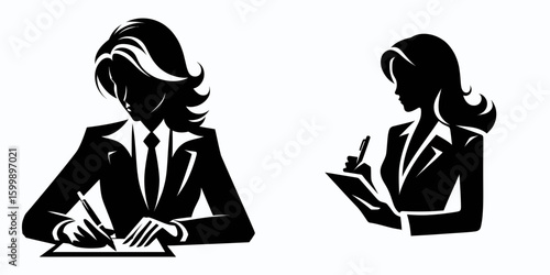 Business woman writing notes. Corporate Finance Cartoon Minimal Clipart Line Art Vector Illustration. Female professional jotting memo marketing concept for office executive.