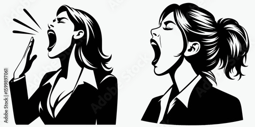 Business woman yawning widely. Corporate Finance Cartoon Minimal Clipart Line Art Vector Illustration. Female professional showing exhaustion opening mouth wide feeling fatigue.