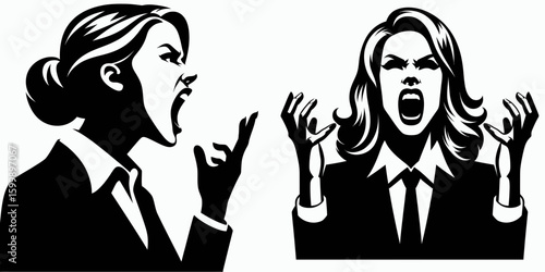 Business woman yelling angrily. Corporate Finance Cartoon Minimal Clipart Line Art Vector Illustration. Female professional shouting anger fury upset mad entrepreneur emotion.