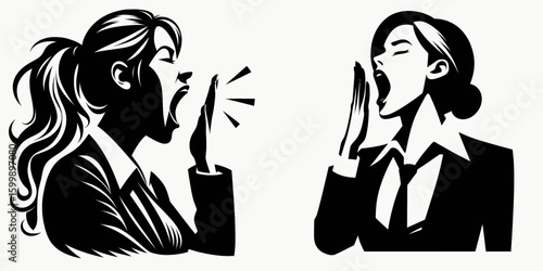 Business woman yawning widely. Corporate Finance Cartoon Minimal Clipart Line Art Vector Illustration. Female professional gaping feeling exhaustion a need for rest career break.