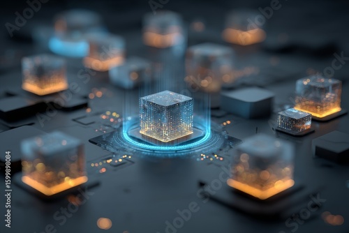Digital technology visualizes interconnected data cubes glowing on a dark circuit board in a futuristic setting