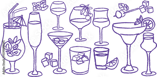 Hand drawn grungy cocktail glasses with citrus, herbs, cherries, and ice cubes in trendy purple stroke. A playful modern bar sketch, perfect for nightlife branding, mixology merch, or chill vibes art.