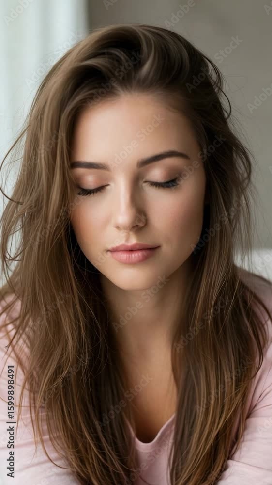 Portrait of a beautiful young caucasian woman with eyes closed. Serene brunette girl with natural makeup relaxing or meditating at home in the morning. Portrait of a beautiful young caucasian woman with eyes closed. Serene brunette girl with natural makeup relaxing or meditating at home in the morning.