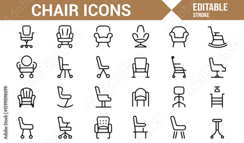 Set of office and lounge chair icons for modern and ergonomic furniture