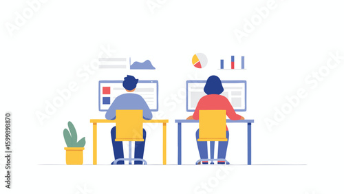 Two people working at desks with computers displaying graphs and charts in a modern office setting