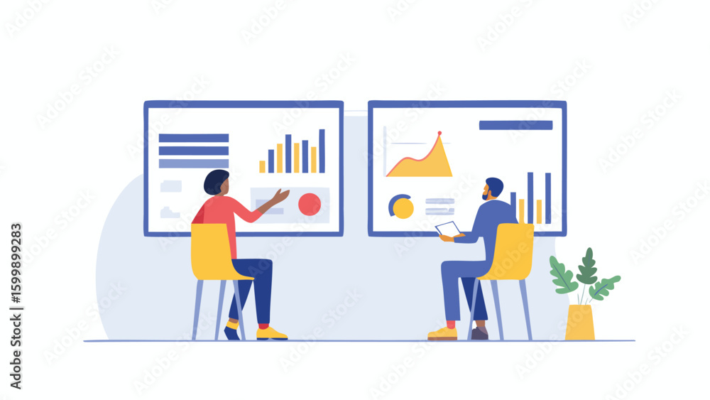 Two people sitting in front of boards with graphs and data presenting information and discussing