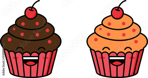 Cute cupcake drawing vector illustration sweet dessert with cherry on top happy face bakery design 100 char vector