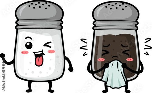 Salt and pepper shaker cartoon illustration cute kawaii style kitchen seasoning condiment food drawing art 100 vector
