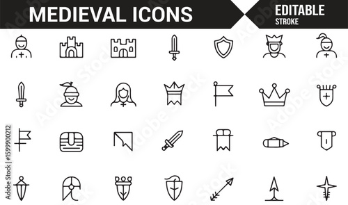 Icon collection for medieval warfare, including weapons, shields, and knights