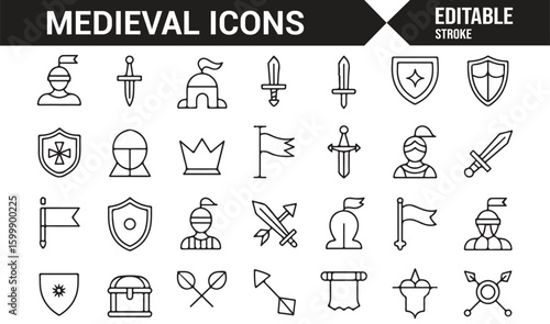Icon collection for medieval warfare, including weapons, shields, and knights