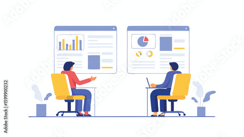 Two people sitting at desks reviewing data charts and graphs on computer screens during a meeting