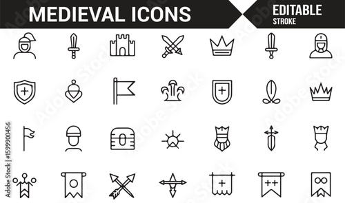 Medieval-themed icon set with swords, shields, and knights for battle designs