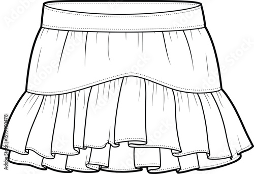 Stylish ruffle mini skirt, girls fashion wear, layered hem design, trendy clothing sketch, kids apparel illustration, CAD flat vector art