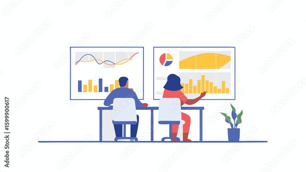 Two people analyzing data charts and graphs on screen in an office environment in a meeting room Two people analyzing data charts and graphs on screen in an office environment in a meeting room