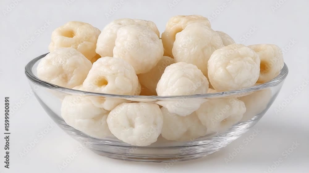 Macro close-up shot of puffed lotus seeds, also known as makhana, arranged in glass bowls against Macro close-up shot of puffed lotus seeds, also known as makhana, arranged in glass bowls against