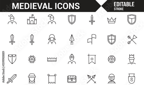 Collection of medieval-themed vector icons for historical battle and armor