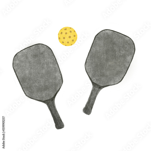 Handwriting Pickleball paddles with balls illustration , watercolor, outdoor sports