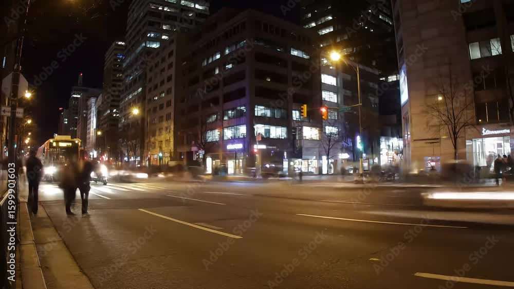 Night city street traffic blur, buildings, pedestrians Night city street traffic blur, buildings, pedestrians