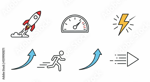 Speed and Acceleration Line Icon Set – Vector Fast Movement, Rocket, Speedometer, Lightning, Growth Symbols