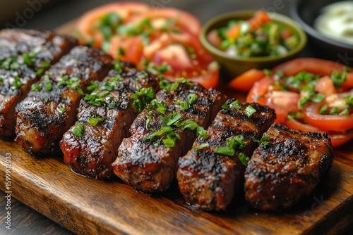 Tanzanian nyama choma, grilled meat, served with ugali and kachumbari, fresh tomato and onion salad, placed on a rustic wooden platter with bright sunlight
