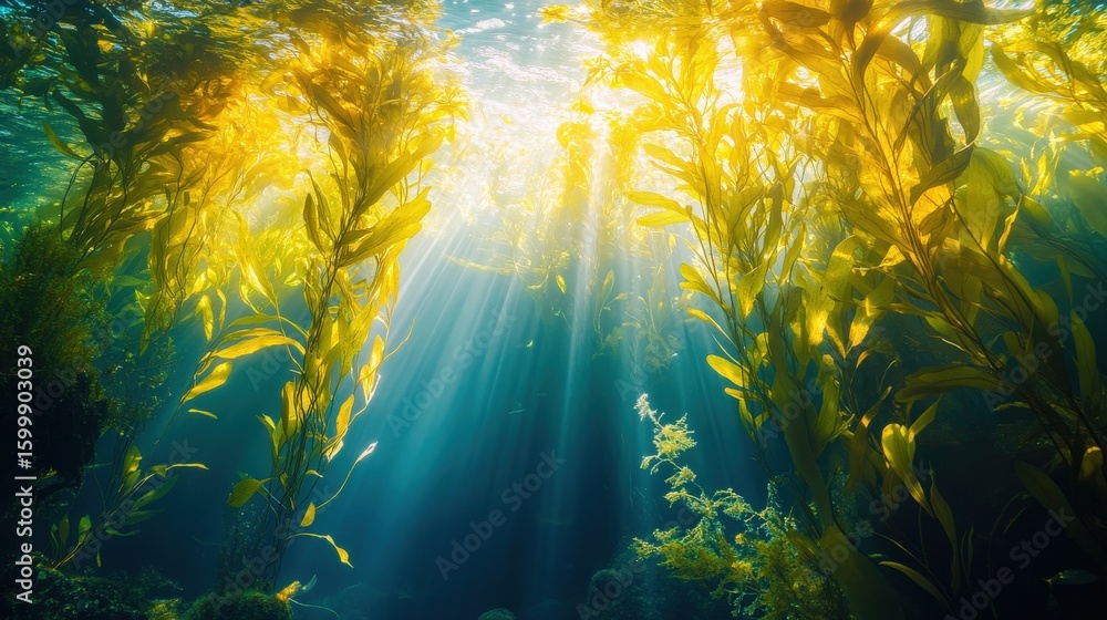 Fototapeta premium Sunlight streams through underwater kelp forest.