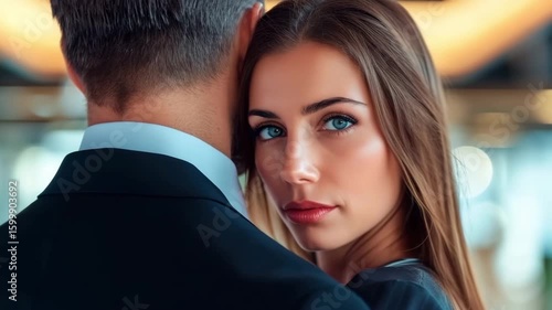 A woman experiences unwanted attention from a man during an interaction at a corporate event. The setting showcases the discomfort created by inappropriate behavior in the workplace atmosphere