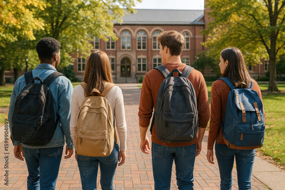 Naklejka premium students walk down a sidewalk.