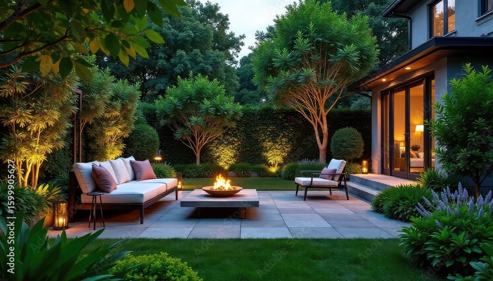 Naklejka premium Serene backyard oasis featuring lush greenery, comfortable seating, and outdoor lighting creating a relaxing atmosphere perfect for evening relaxation , sofa, furniture