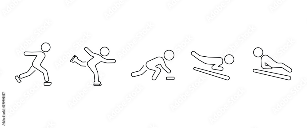 Obraz premium Winter sports line icon set. People on ski, skate, snowboard. Figure skating on ice, downhill skiing on snow. Vector illustration in transparent background.