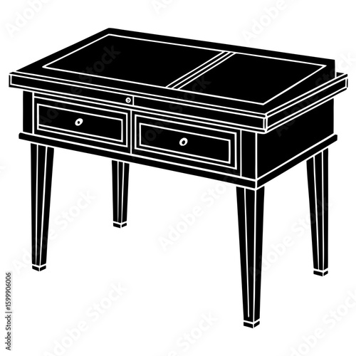 A black silhouette of a wooden desk with two drawers and four legs representing a functional workspace