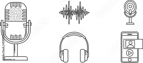 Podcast recording equipment vector illustration microphone headphones and sound wave design set for media vector