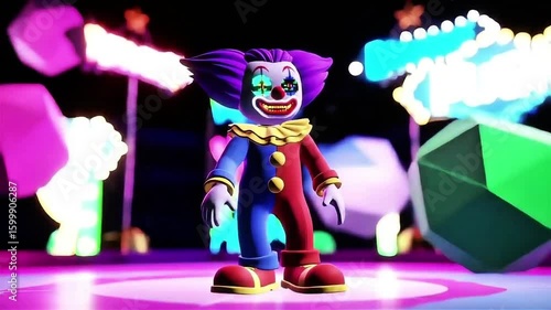 A surreal 3D animation of a digital clown in a broken VR circus world, blending glitch art with whimsical horror aesthetics.