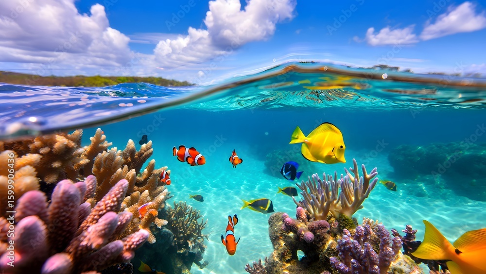 Obraz premium Split View of Tropical Coral Reef and Ocean Surface with Colorful Fish