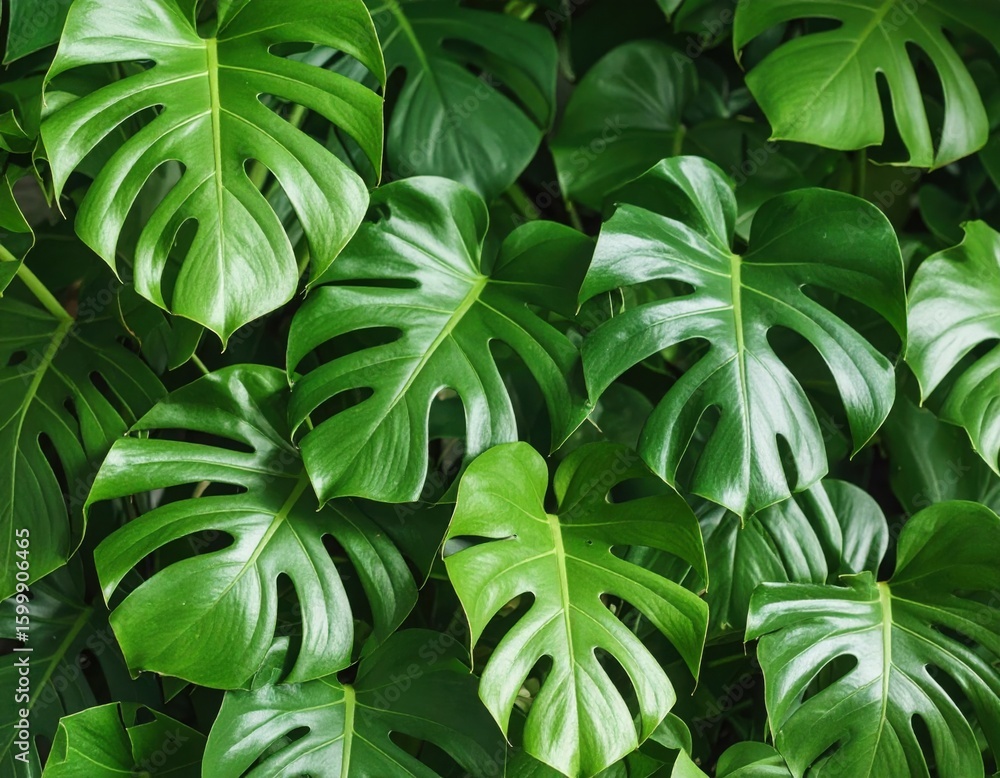 Obraz premium Close up photo of green monstera adansonii leaves known as daun janda bolong in an Indonesian home garden.