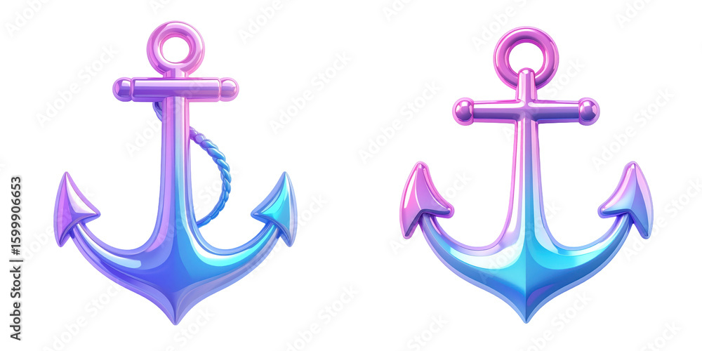 Naklejka premium Glossy 3D Anchor Icon with Pastel Blue and Purple Gradient Shiny Finish Against a Transparent Background