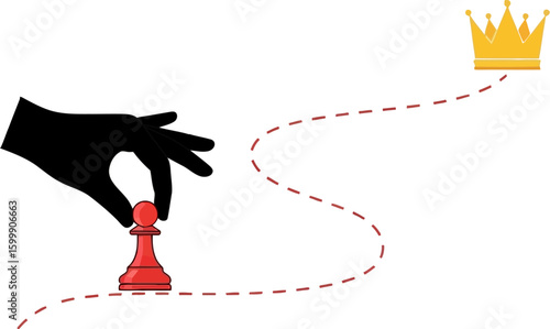 Chess pawn promotion strategy: hand moving pawn to crown for success and game winning achievement vector