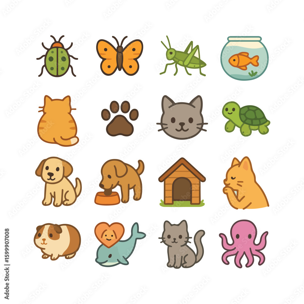 Obraz premium Cartoon Animal Icon Grid: Cats, Dogs, Fish, Insects & Sea Creatures in Playful Pet-Themed Style