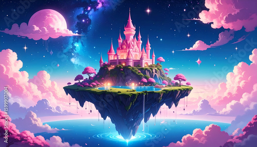 Pink Castle with Floating Island, and Night Sky.