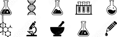 Laboratory equipment and scientific symbols flask testtubes