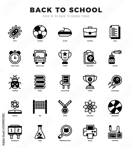 Set of 25 Back To School Lineal Filled Icons Pack.