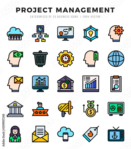 Project Management Lineal Color icons collection. 25 icon set. Vector illustration.